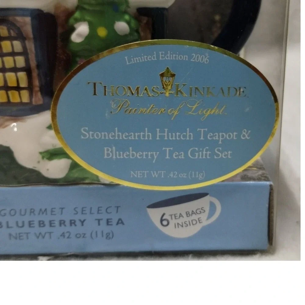 Thomas Kinkade Stone hearth Hutch Teapot Blueberry‎ Tea Gift Set 2006